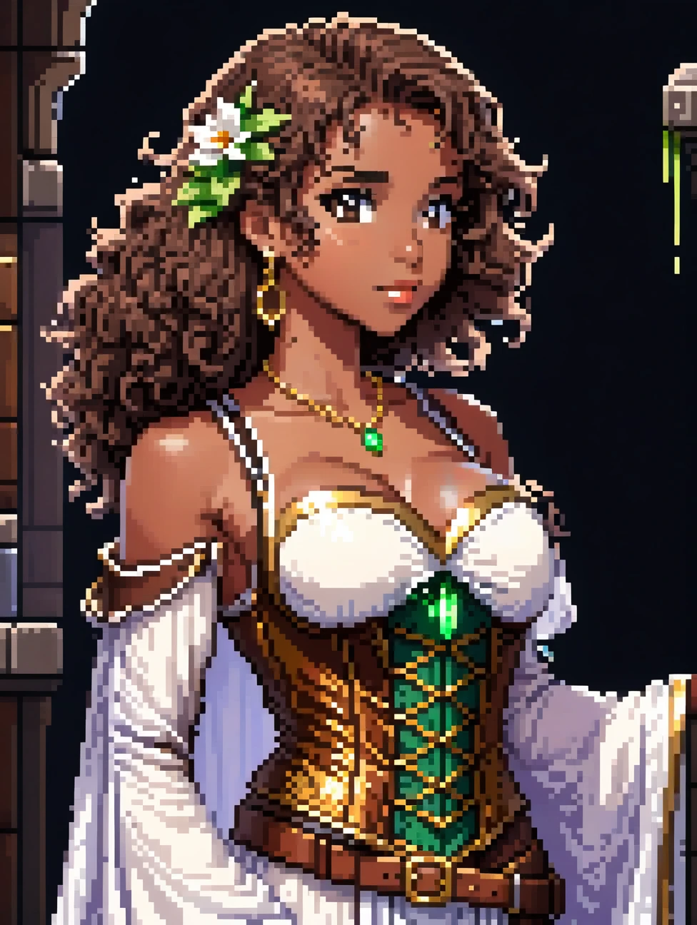 (Pixel art: 1.2), 1 young woman, 23 years old, dark skin, with medium dark brown curly hair held back by a cloth, wearing a medieval white robe covering entire body with floral details, a light brown leather corset belt, a sheath for potions, gold earrings, A necklace with green stone, side view, visible lips and nose, Black background, strong physique, neutral expression.