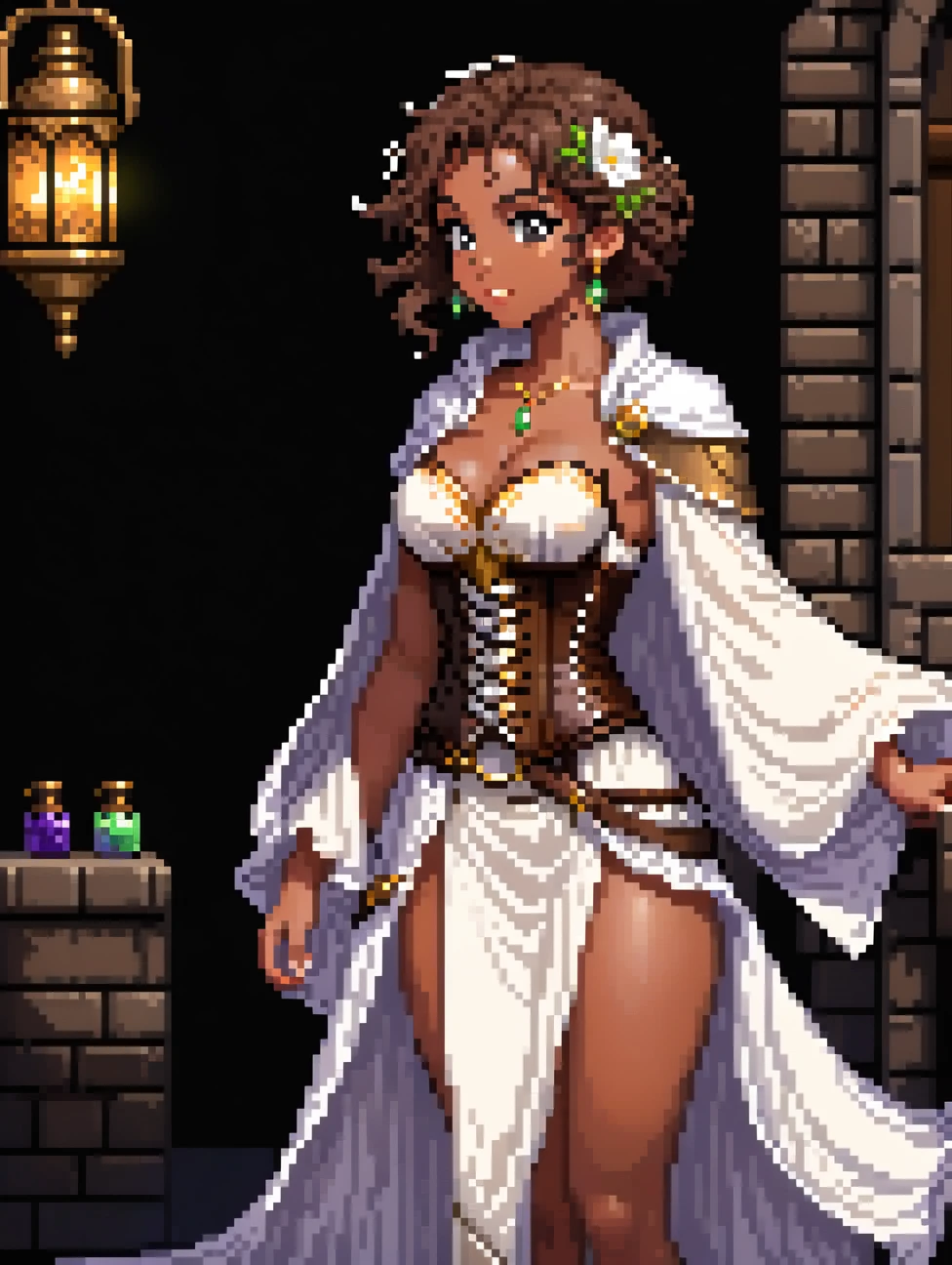 (Pixel art: 1.2), 1 young woman, 23 years old, dark skin, with medium dark brown curly hair held back by a cloth, wearing a medieval white robe covering entire body with floral details, a light brown leather corset belt, a sheath for potions, gold earrings, A necklace with green stone, side view, visible lips and nose, Black background, strong physique, neutral expression.