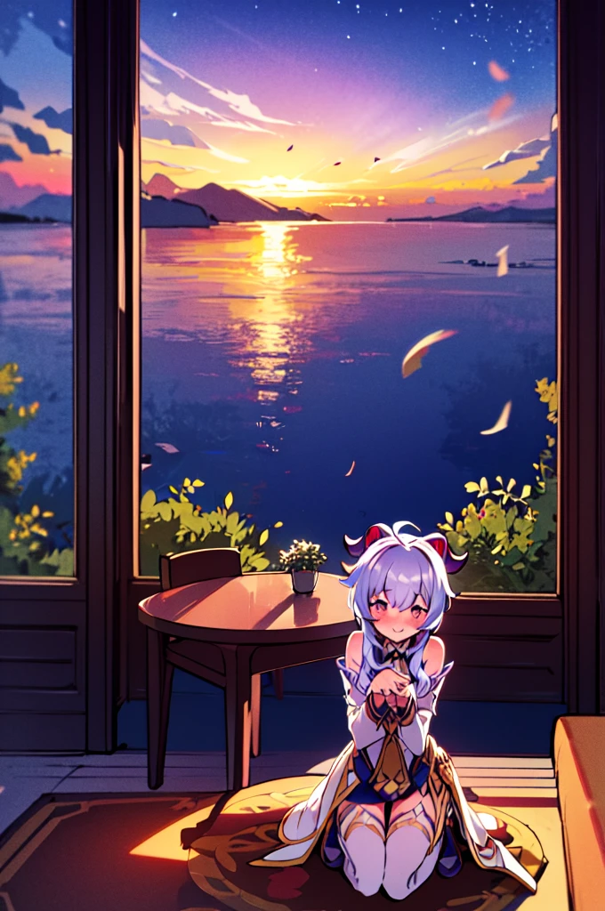 Very detailed,Pieces fly, Highest quality, Anime Images, Anime style etc.., Hired \(Genshin Impact\), Sit at the table, View from above, smile, 1 Girl, Twin Horn, ticker,Fits your body type, I can see the pussy , blush, Colorful pastel fantasy,Sexy pose,Very detailed background,Nice views,Beautiful and beautiful scenery,（（Very detailed landscape））,Incredibly high quality,Night Sky