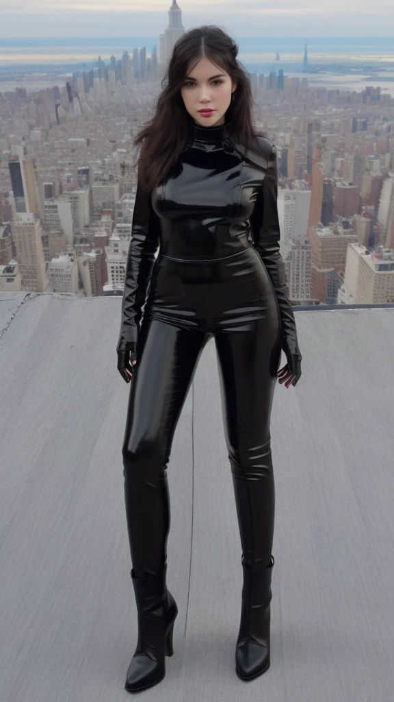 (girl standing on the roof top of the empire state building in new york), 
(((Full body shot))), (standing  position) beautiful face, photo model, wearing black leather clothing