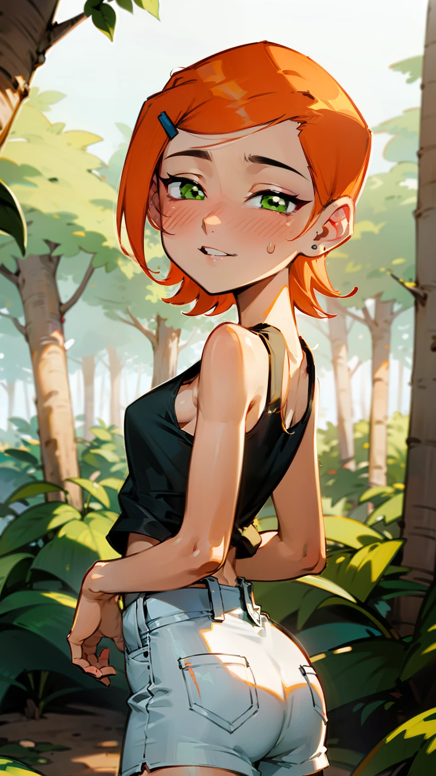 (Masterpiece), Best Quality, ultra-detailed, 1girl (Gwendolyn_Tennyson, lovely small breasts, orange hair, short hair, green eyes, half-closed eyes), smile, parted lips, nose blush, blush, solo, yellow tank_top(, tired), denim shorts, , in the forest, , standing, sexy waist teasing, , looking back,  a provocative pose