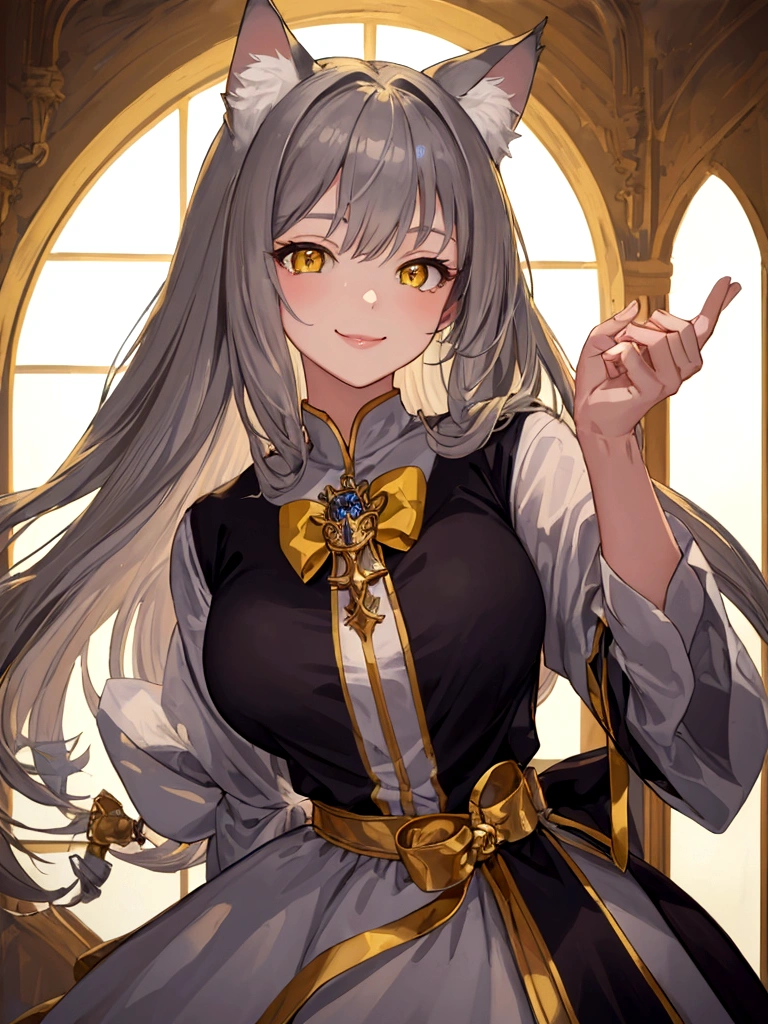 ((masterpiece)), ((best quality)), (close-up:1), (half-body shot:1.36), perfect anatomy, 1girl, solo, cat girl, gay hair, yellow eyes, gray cat ears, gray fluffy cat tail, basic medieval attire, smiling, lighting from front, looking at viewers