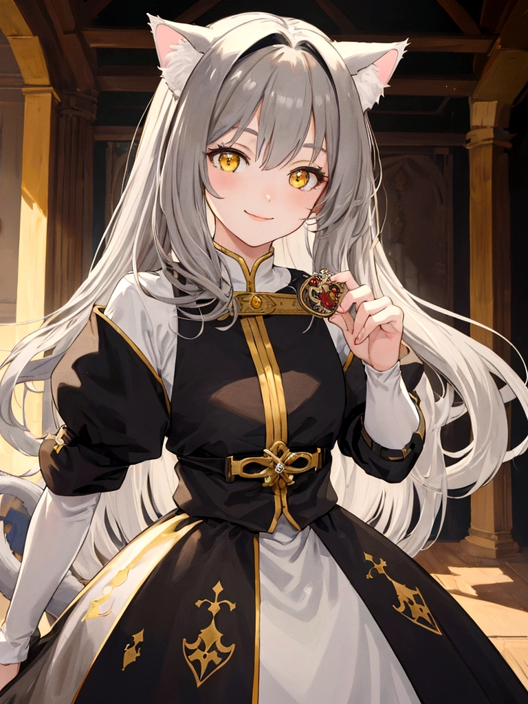 ((masterpiece)), ((best quality)), (close-up:1), (half-body shot:1.36), perfect anatomy, 1girl, solo, cat girl, gay hair, yellow eyes, gray cat ears, gray fluffy cat tail, basic medieval attire, smiling, lighting from front, looking at viewers