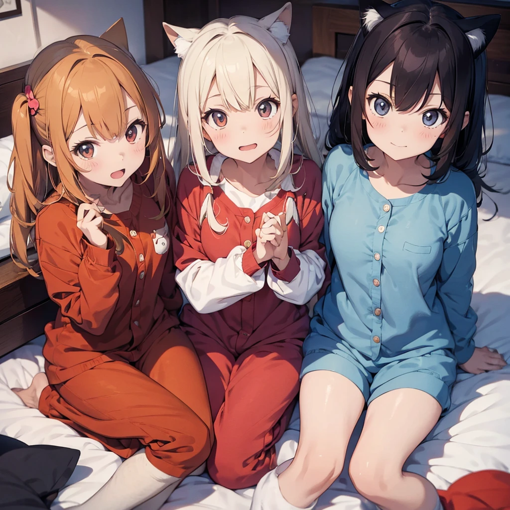 2 anime girls in a cat pajama with hoods and 1 anime girl in a dog pajama with hood in a cute pose in bed, looking up directly at the camera in an almost bird's eye view