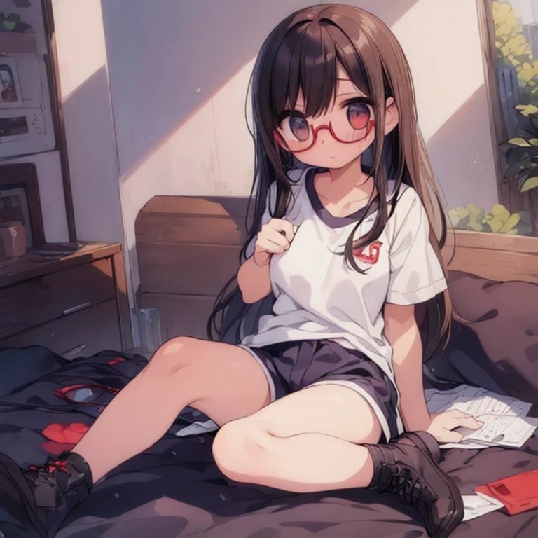 (Big red round glasses:1.3)、(Timid girl、blush、Watery eye:1.2)、Long black hair、White short sleeve shirt、Navy blue shorts、body操服、 body、Flat body