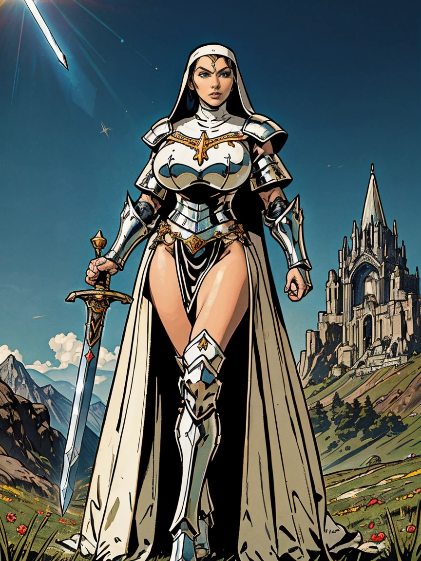 (masterpiece, top quality, best quality, official art, beautiful and aesthetic:1.2), (1girl:1.3), ((Sharp facial features, sharp features, hawkish features)), ((blue eyes)), busty brunette paladin knight girl, extremely detailed, portrait, looking at viewer, solo, (full body:0.6), detailed background, full-body shot, (warm mountain meadow theme:1.1), holy knight, (nun), charlatan, smirk, mysterious, swaying in mountains, armor, polished metal, gold trim, long boots, white fabric, pelvic curtain, robe, pale leather, ((((nun, greatsword, corona, holy aura, heavy armor, armored, long legs, pelvic curtain, toned, muscular)))), slim waist, slim hips, long legs, medieval (mountain exterior:1.1) background, dark mysterious lighting, shadows, magical atmosphere, dutch angle