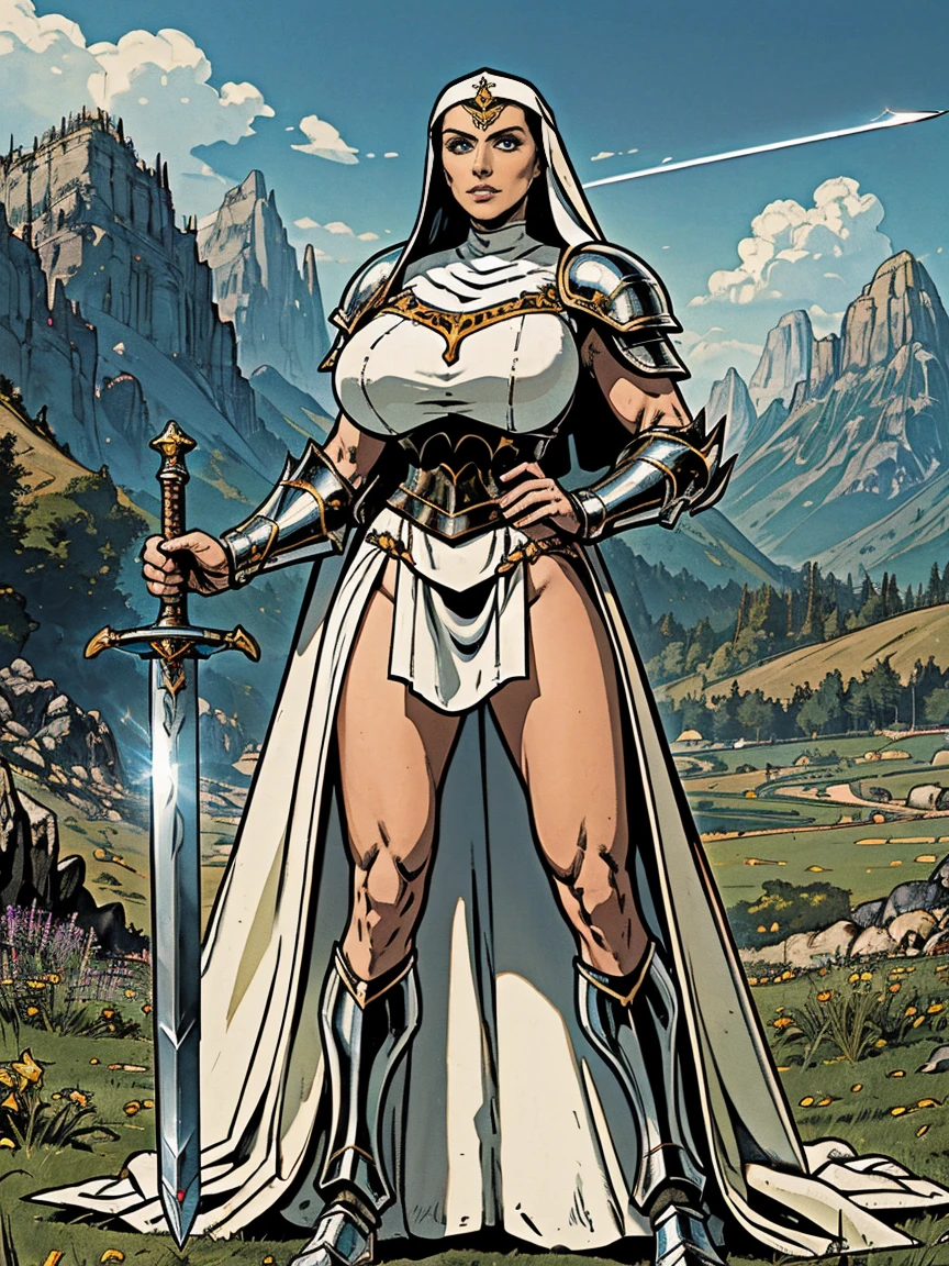 (masterpiece, top quality, best quality, official art, beautiful and aesthetic:1.2), (1girl:1.3), ((Sharp facial features, sharp features, hawkish features)), ((blue eyes)), busty brunette paladin knight girl, extremely detailed, portrait, looking at viewer, solo, (full body:0.6), detailed background, full-body shot, (warm mountain meadow theme:1.1), holy knight, (nun), charlatan, smirk, mysterious, swaying in mountains, armor, polished metal, gold trim, long boots, white fabric, pelvic curtain, robe, pale leather, ((((nun, greatsword, corona, holy aura, heavy armor, armored, long legs, pelvic curtain, toned, muscular)))), slim waist, slim hips, long legs, medieval (mountain exterior:1.1) background, dark mysterious lighting, shadows, magical atmosphere, dutch angle