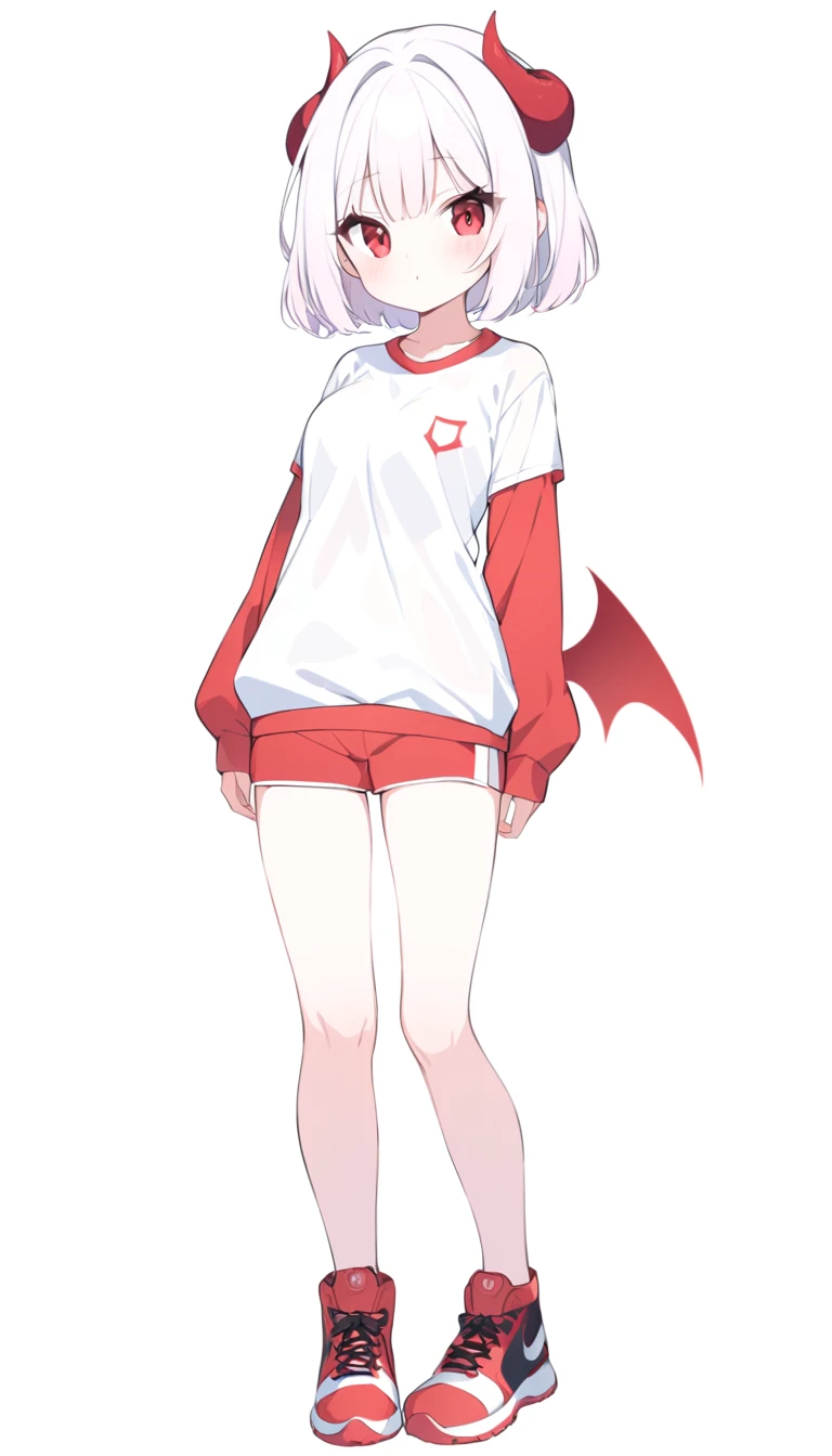  girl, devil girl, little red horns, white hair, short fluffy hair, big red eyes, pale skin, rosy cheeks, medium breasts, red cheeks, white sports shirt with a diaganal red side stripe from left to right. white background, full body