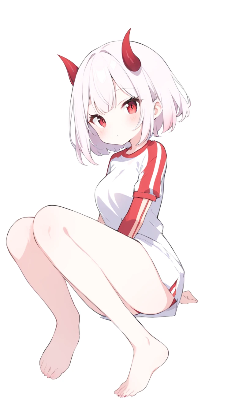 Teenage girl, devil girl, little red horns, white hair, short fluffy hair, big red eyes, pale skin, rosy cheeks, medium breasts, red cheeks, white sports shirt with a diaganal red side stripe from left to right. white background, full body