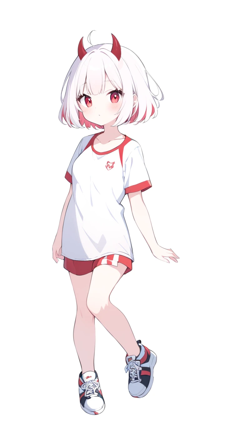 Teenage girl, devil girl, little red horns, white hair, short fluffy hair, big red eyes, pale skin, rosy cheeks, medium breasts, red cheeks, white sports shirt with a diaganal red side stripe from left to right. white background, full body