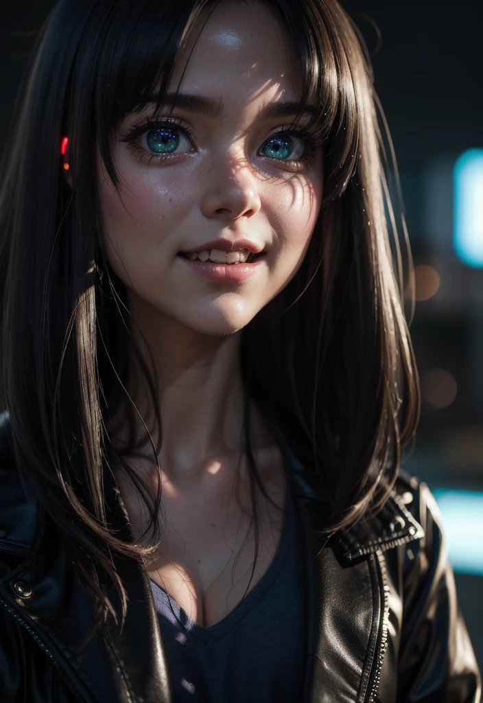 masterpiece, best quality, half body, portrait, night city, 1girl, anime, 3D, Japan, pixar, realistic,  girl, smiling, cute face, harajuku fashion style, rain coat, beautiful, colourful, neon lights, cyberpunk, smooth skin, illustration, artstation, painting by stanley artgerm lau, sideways glance, foreshortening, extremely detailed 8K, smooth, high resolution, ultra quality, highly detail eyes, highly detail mouth, highly detailed face, perfect eyes, both eyes are the same, true light, glare, Iridescent, Global illumination, (long straight hair), (side comb hair), Big Breasts:1.7, real light, real shadow, real face, hd, 2k, 4k, 8k, 16k, realistic light, realistic shadow, bright Eyes, fluorescent eyes, soft light, dream light