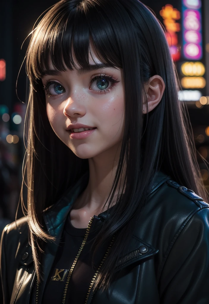 masterpiece, best quality, half body, portrait, night city, 1girl, anime, 3D, Japan, pixar, realistic, teen girl, smiling, cute face, harajuku fashion style, rain coat, beautiful, colourful, neon lights, cyberpunk, smooth skin, illustration, artstation, painting by stanley artgerm lau, sideways glance, foreshortening, extremely detailed 8K, smooth, high resolution, ultra quality, highly detail eyes, highly detail mouth, highly detailed face, perfect eyes, both eyes are the same, true light, glare, Iridescent, Global illumination, (long straight hair), (side comb hair), Big Breasts:1.7, real light, real shadow, real face, hd, 2k, 4k, 8k, 16k, realistic light, realistic shadow, bright Eyes, fluorescent eyes, soft light, dream light