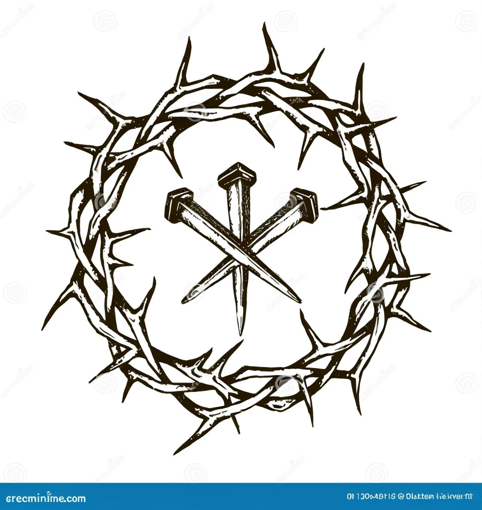 Barbed wire coiled tightly around a large nail. The barbed wire forms a broken heart shape in the background