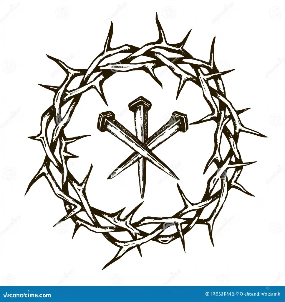 Barbed wire coiled tightly around a large nail. The barbed wire forms a broken heart shape in the background