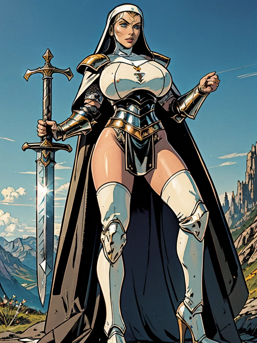 (masterpiece, top quality, best quality, official art, beautiful and aesthetic:1.2), (1girl:1.3), ((Sharp facial features, sharp features, hawkish features)), ((grey eyes)), busty paladin knight girl, extremely detailed, portrait, looking at viewer, solo, (full body:0.6), detailed background, full-body shot, (cold mountain nighttime glacier theme:1.1), holy knight, (nun), charlatan, smirk, mysterious, swaying in mountains, armor, polished metal, gold trim, long boots, white fabric, pelvic curtain, robe, pale leather, ((((nun, crossbow, heavy armor, armored, long legs, robes, prayer scrolls, toned, muscular)))), slim waist, slim hips, long legs, medieval (mountain exterior:1.1) background, dark mysterious lighting, shadows, magical atmosphere, dutch angle