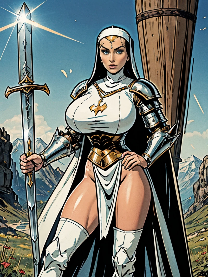 (masterpiece, top quality, best quality, official art, beautiful and aesthetic:1.2), (1girl:1.3), light freckles, fair skin, extremely detailed, portrait, looking at viewer, solo, (full body:0.6), detailed background, close up, (warm grasslands theme:1.1), holy paladin knight, charlatan, smirk, mysterious, swaying in mountains, modest attire, ornate white and gold armor, cowl, nun hood, wimple, cowl, robe, chain mail, chainmail, leggings, chainmail leggings, chain mail leggings, breastplate, tabard, gorget, hood, pauldrons, greaves, armored, long boots, longsword, shield, cape, cloak, white fabric, pale leather, ((((gigantic breasts)))), slim waist, slim hips, long legs, medieval (mountain exterior:1.1) background, dark mysterious lighting, shadows, magical atmosphere, dutch angle,