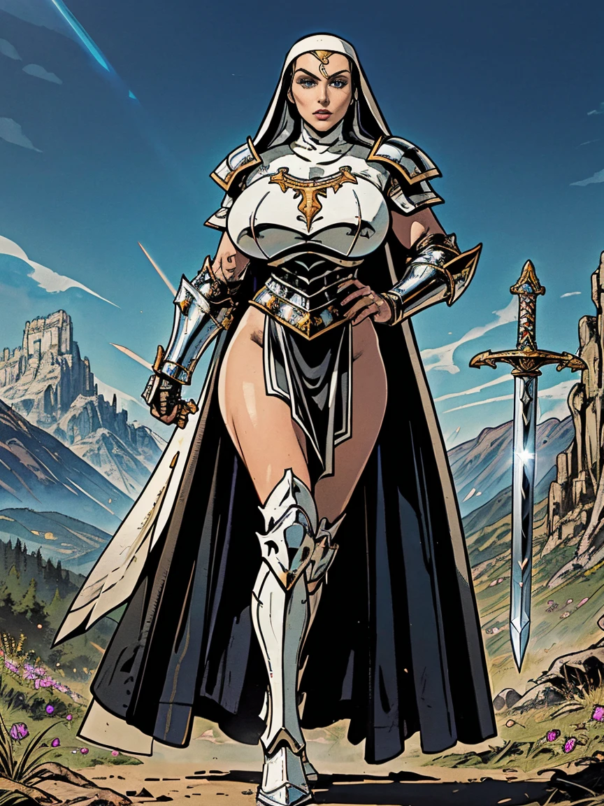 (masterpiece, top quality, best quality, official art, beautiful and aesthetic:1.2), (1girl:1.3), ((Sharp facial features, sharp features, hawkish features)), ((blue eyes)), busty brunette paladin knight girl, extremely detailed, portrait, looking at viewer, solo, (full body:0.6), detailed background, full-body shot, (warm mountain meadow theme:1.1), holy knight, (nun), charlatan, smirk, mysterious, swaying in mountains, armor, polished metal, gold trim, long boots, white fabric, pelvic curtain, robe, pale leather, ((((nun, greatsword, corona, holy aura, heavy armor, armored, long legs, pelvic curtain, toned, muscular)))), slim waist, slim hips, long legs, medieval (mountain exterior:1.1) background, dark mysterious lighting, shadows, magical atmosphere, dutch angle