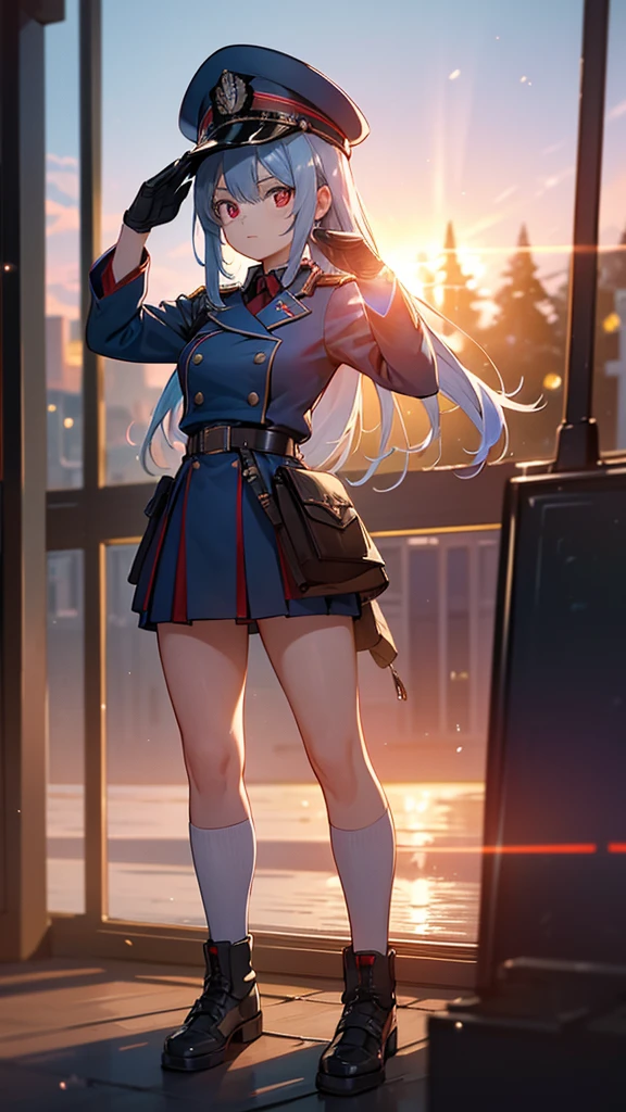 1girl, 18 years old, cute high school girl, light blue hair, red eyes, military uniform, military cap, saluting, bathed in sunset light, serious expression, nostalgic atmosphere, full body, best quality, 8k, highres, masterpiece:1.2, ultra-detailed, realistic, photorealistic:1.37, HDR, UHD, studio lighting, ultra-fine painting, sharp focus, physically-based rendering, extreme detail description, professional, vivid colors, bokeh