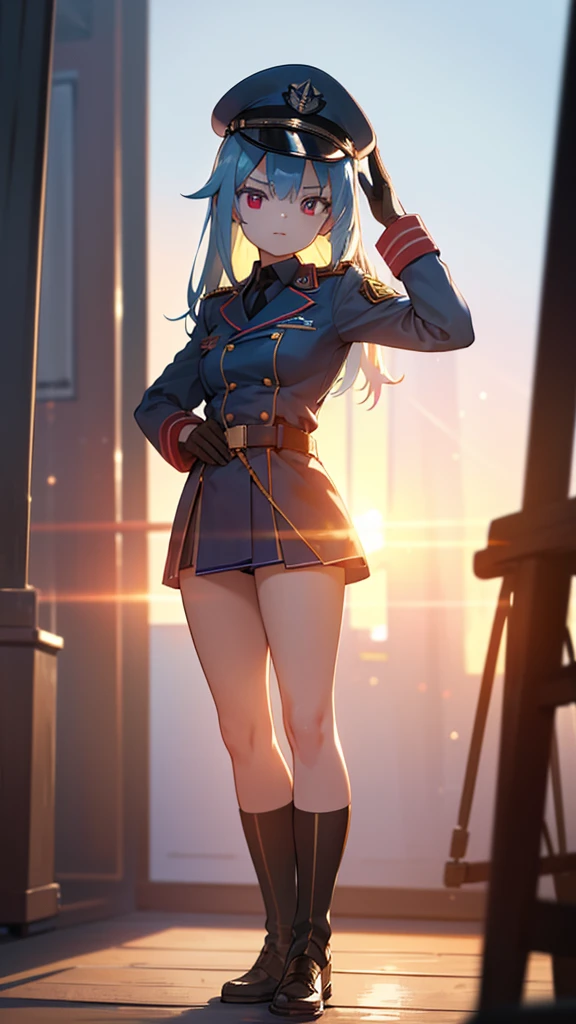 1girl, 18 years old, cute high school girl, light blue hair, red eyes, military uniform, military cap, saluting, bathed in sunset light, serious expression, nostalgic atmosphere, full body, best quality, 8k, highres, masterpiece:1.2, ultra-detailed, realistic, photorealistic:1.37, HDR, UHD, studio lighting, ultra-fine painting, sharp focus, physically-based rendering, extreme detail description, professional, vivid colors, bokeh