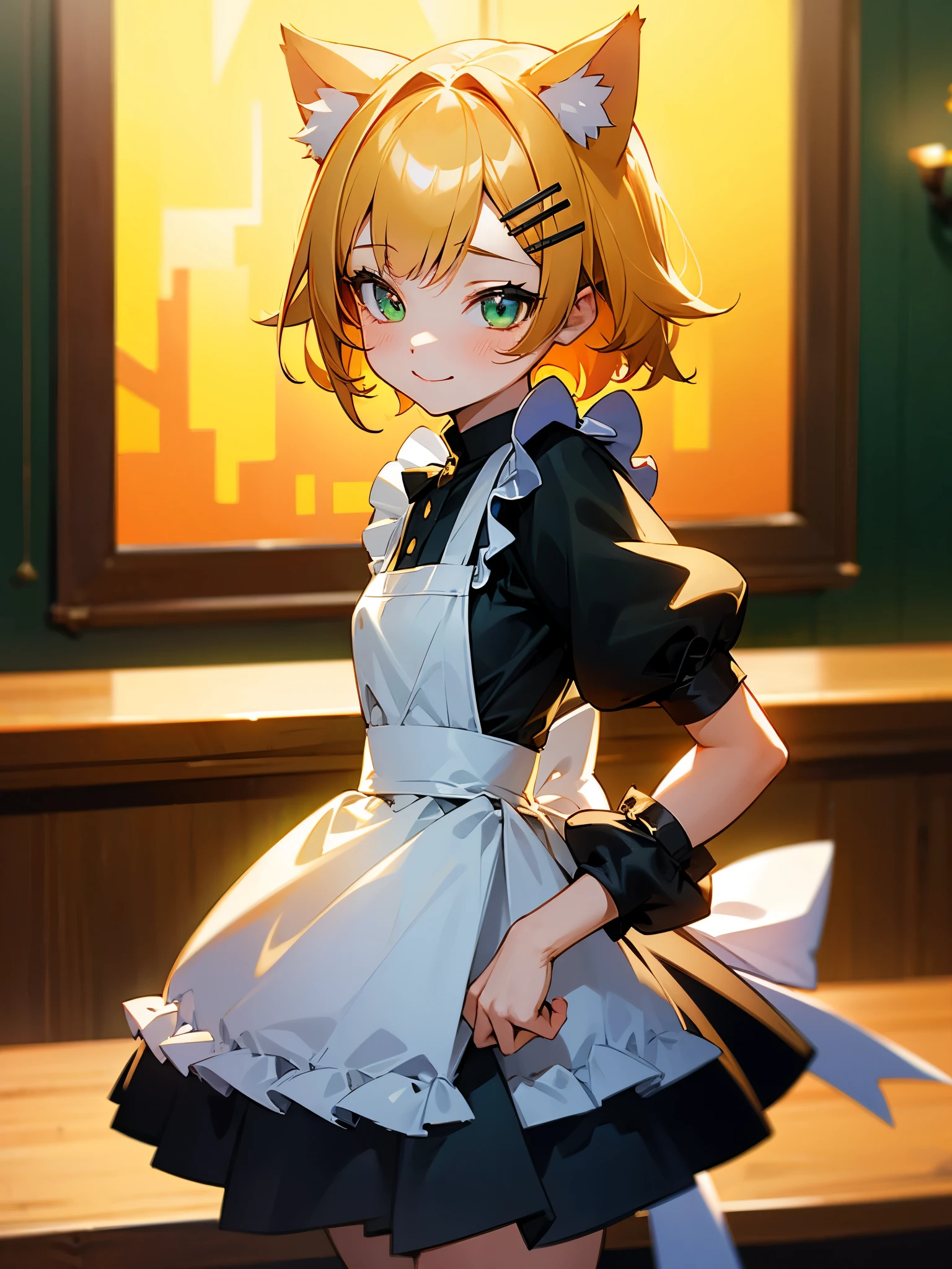 1girl, li, maid outfit, short golden yellow hair, hair clip:red, emerald green eyes, cat ears, neko mimi, cute sweet smile, extremely detailed anime style, best quality, 4k, 8k, highres, masterpiece:1.2, ultra-detailed, HDR, UHD, studio lighting, ultra-fine painting, sharp focus, physically-based rendering, extreme detail description, professional, vivid colors, bokeh, inside bar,