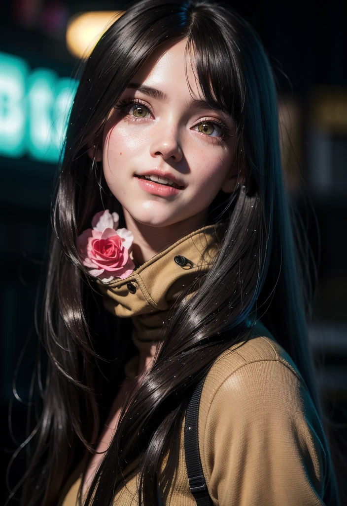masterpiece, best quality, half body, portrait, night city, 1girl, anime, 3D, Japan, pixar, realistic, girl, smiling, cute face, harajuku fashion style, rain coat, beautiful, colourful, neon lights, cyberpunk, smooth skin, illustration, artstation, painting by stanley artgerm lau, sideways glance, foreshortening, extremely detailed 8K, smooth, high resolution, ultra quality, highly detail eyes, highly detail mouth, highly detailed face, perfect eyes, both eyes are the same, true light, glare, Iridescent, Global illumination, (long straight hair), (side comb hair), Big Breasts:1.7, real light, real shadow, real face, hd, 2k, 4k, 8k, 16k, realistic light, realistic shadow, bright Eyes, fluorescent eyes, soft light, dream light
