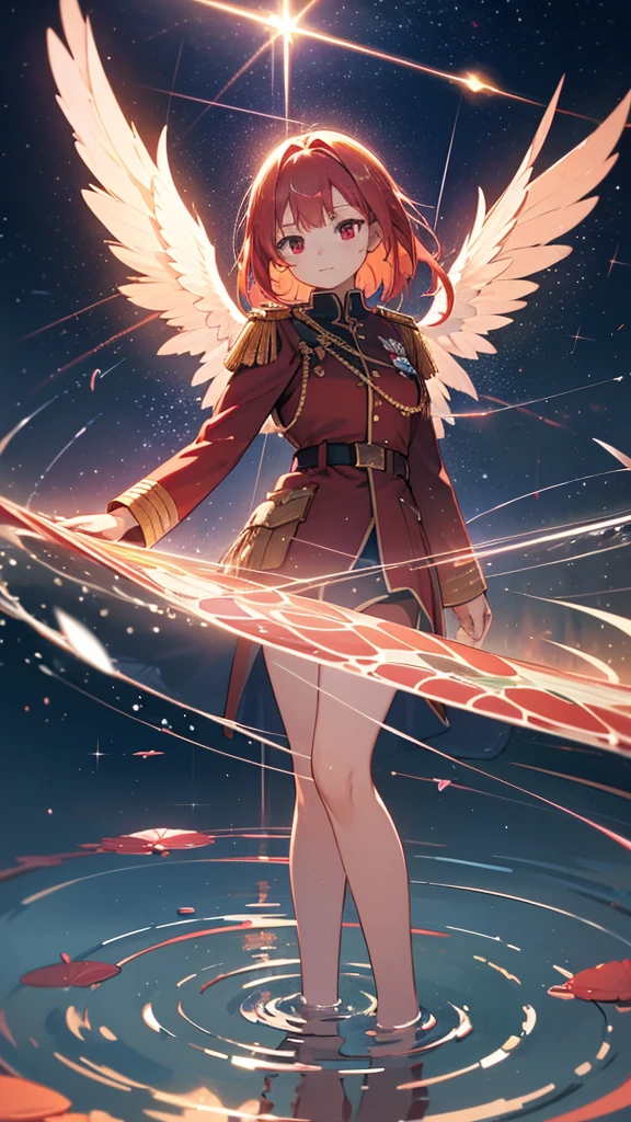 a beautiful young girl with blue angelic wings spread out like stained glass, light red hair,piercing red eyes, translucent hair color, military-style uniform, standing on water with ripples spreading out, shimmering light particles, rays of light, soft bokeh, overall high quality, extremely detailed, masterpiece