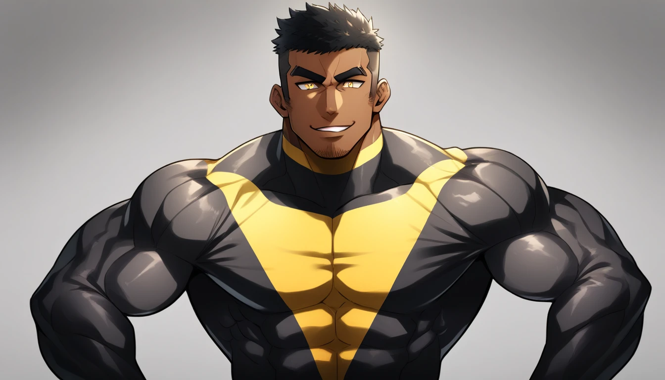 anime characters:Tights superhero, Muscle superhero, negro black skin, 1 dark skin muscular tough guy, Manliness, male focus, Yellow and black striped high collar long sleeve tight T-shirt, Slightly transparent material, Very tight, Round, full and perky chest muscles,Male dog waist,Slightly transparent, muscular male, muscular, only, Upper body, alone, Black short hair, Thick eyebrows, stubble, Yellow eyes, Grey background, simple background, amazing quality, best aesthetics, Ridiculous, bright pupils, crew cut, parted lips, seductive smile, torogao, naughty face, drop shadow, best quality