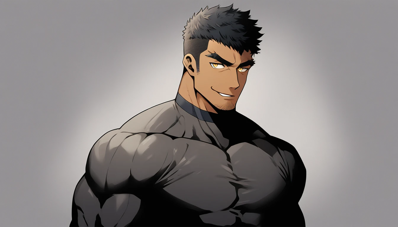 anime characters:Tights superhero, Muscle superhero, negro black skin, 1 dark skin muscular tough guy, Manliness, male focus, Yellow and black striped high collar long sleeve tight T-shirt, Slightly transparent material, Very tight, Round, full and perky chest muscles,Male dog waist,Slightly transparent, muscular male, muscular, only, Upper body, alone, Black short hair, Thick eyebrows, stubble, Yellow eyes, Grey background, simple background, amazing quality, best aesthetics, Ridiculous, bright pupils, crew cut, parted lips, seductive smile, torogao, naughty face, drop shadow, best quality