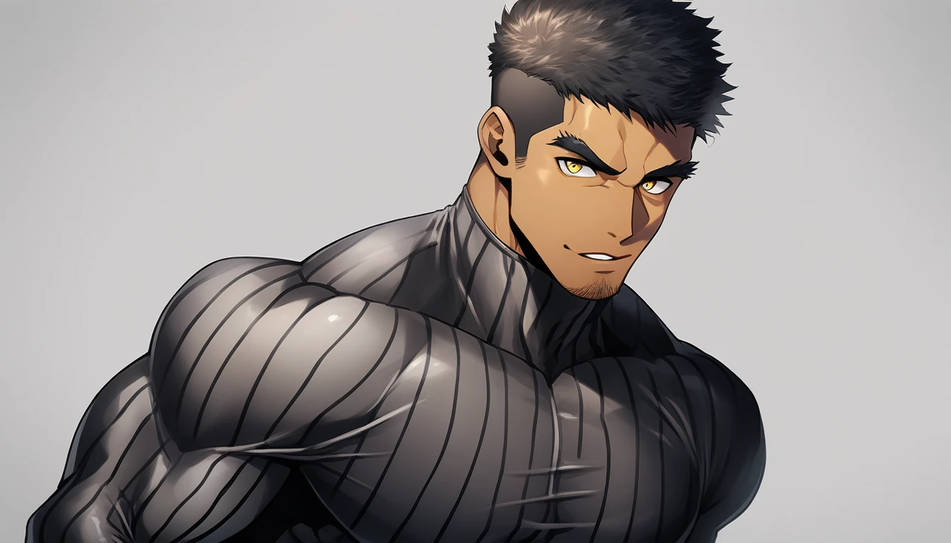 anime characters:Tights superhero, Muscle superhero, negro black skin, 1 dark skin muscular tough guy, Manliness, male focus, Yellow and black striped high collar long sleeve tight T-shirt, Slightly transparent material, Very tight, Round, full and perky chest muscles,Male dog waist,Slightly transparent, muscular male, muscular, only, Upper body, alone, Black short hair, Thick eyebrows, stubble, Yellow eyes, Grey background, simple background, amazing quality, best aesthetics, Ridiculous, bright pupils, crew cut, parted lips, seductive smile, torogao, naughty face, drop shadow, best quality