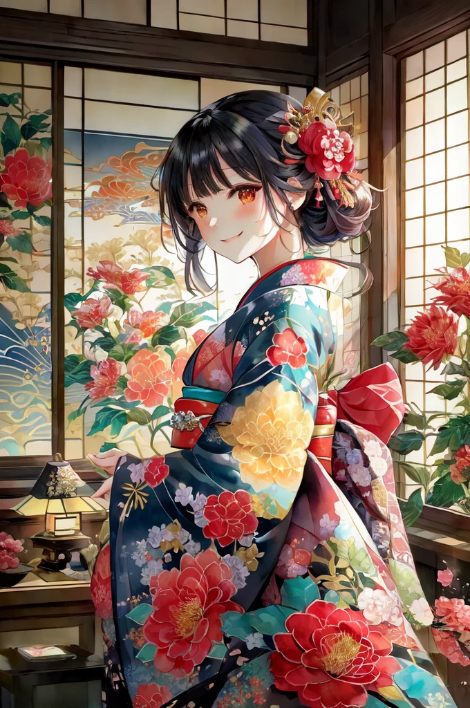 there is a smiling woman in a kimono dress standing in front of a window, japanese art style, in kimono, in a kimono, anime style 4 k, japanese kimono, beautiful anime artwork, anime art wallpaper 4 k, detailed digital anime art, anime art wallpaper 4k, beautiful anime portrait, beautiful digital artwork, beautiful anime art, anime art wallpaper 8 k