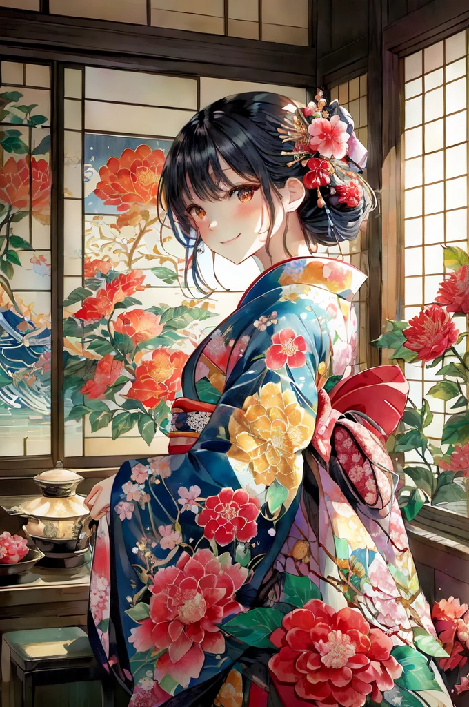 there is a smiling woman in a kimono dress standing in front of a window, japanese art style, in kimono, in a kimono, anime style 4 k, japanese kimono, beautiful anime artwork, anime art wallpaper 4 k, detailed digital anime art, anime art wallpaper 4k, beautiful anime portrait, beautiful digital artwork, beautiful anime art, anime art wallpaper 8 k