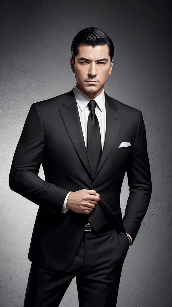 Cover for a mafia book. a handsome man, jovial, in a suit, well-cut straight black hair. stark, Cao Cao, serious. The background will be black with broken glass, giving effect to the photo. 