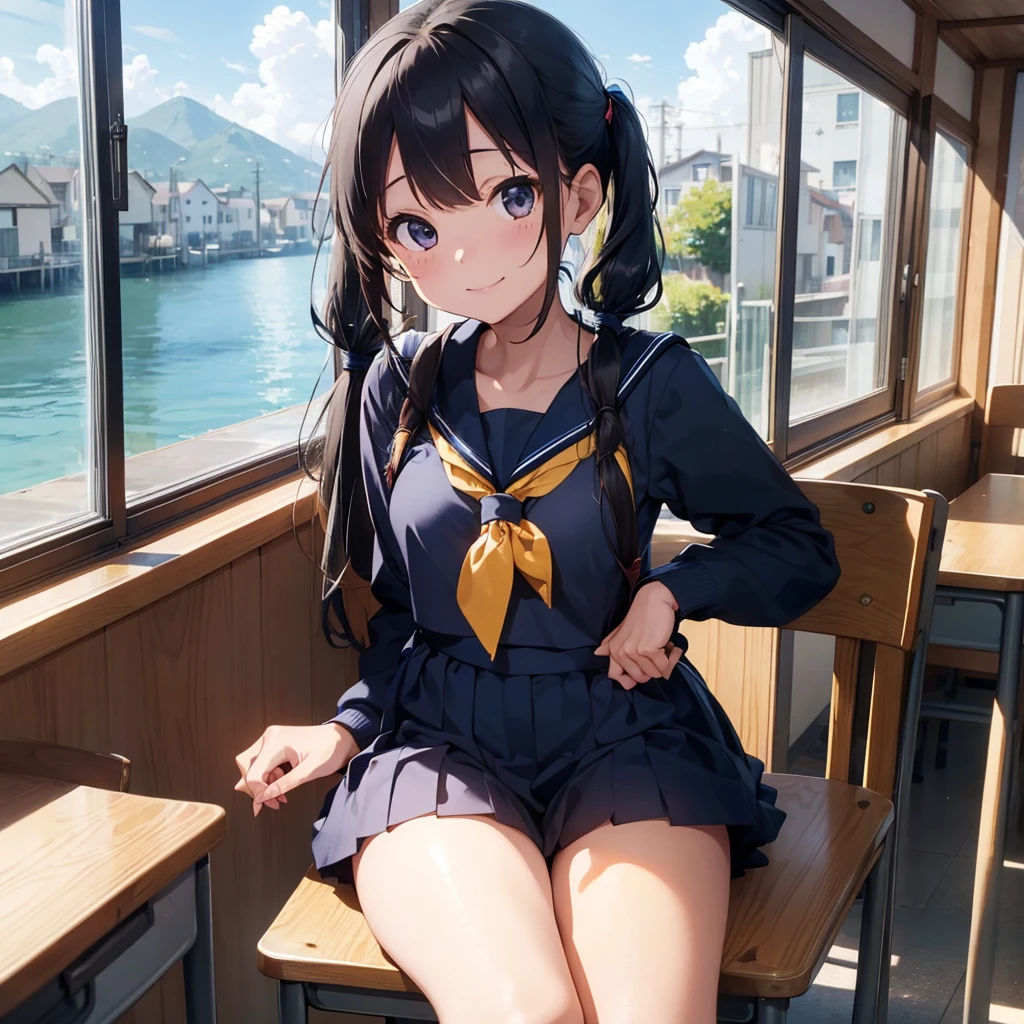 Highest quality, Very detailed, masterpiece, One Girl, Sit on a chair, talk, Smile, 15yo, (low twintails:1.2), Low Pigtails, Black Hair, Long Hair, (Navy blue sailor suit:1.4), Blue ribbon, Long sleeve, School desk, School Chair, classroom, from the front, window, distant cityscape, A town with hills, The ocean in the distance, 16 o'clock, anime, (Close up on face),