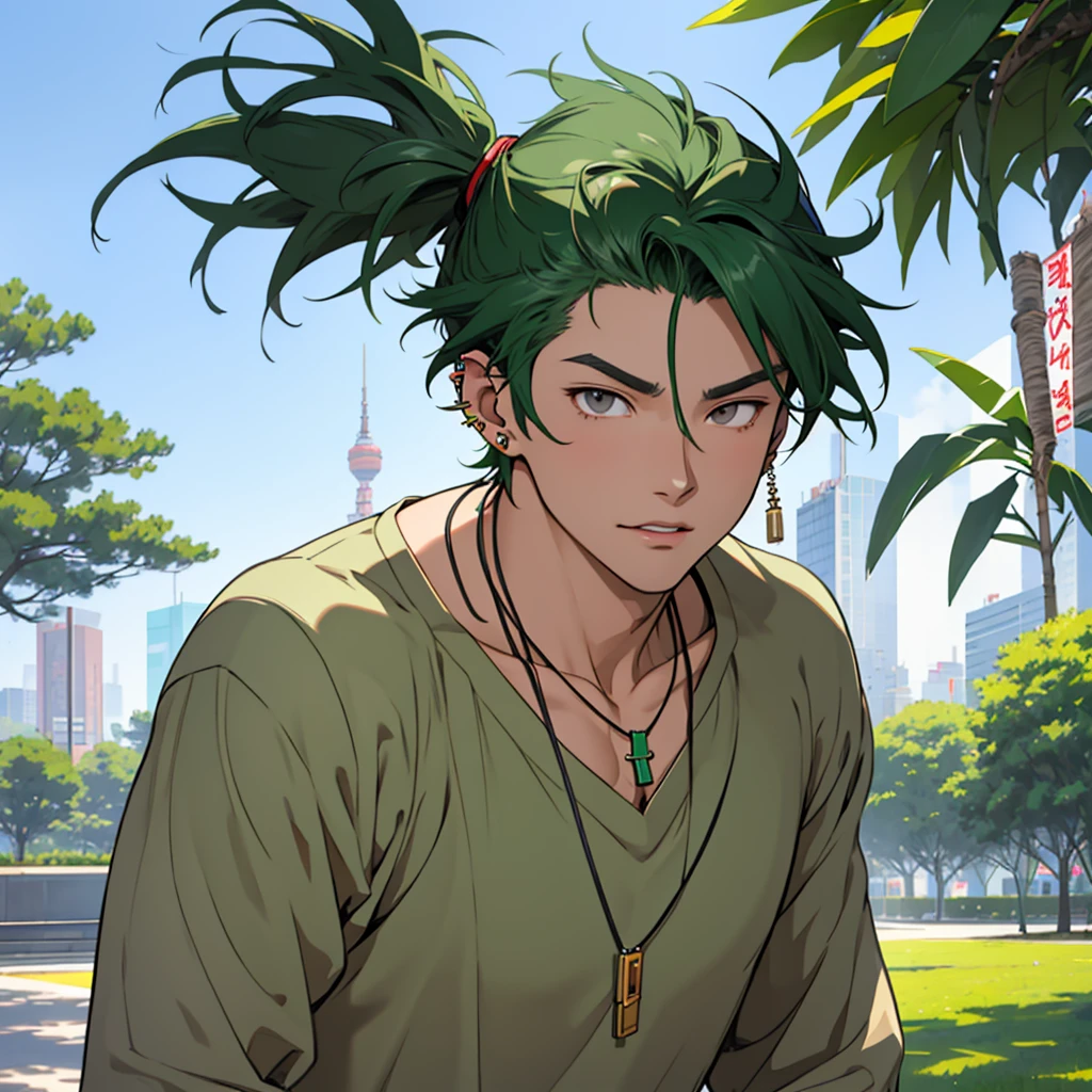 anime panel,upper body, 1Male,solo Korean, dark green hair, gray slanted eyes, casual clothes, necklace, piercing, park background, face focus