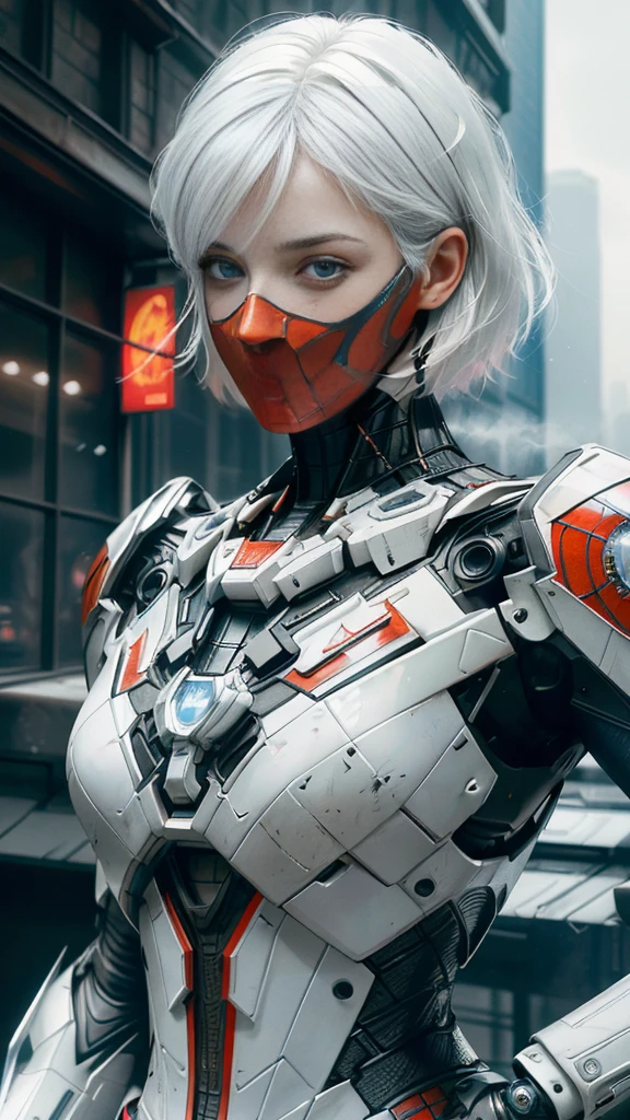 (1 girl:1.3), Alone, (((Very detailed face)))), ((Very detailed eyes and face.)))), beautifuls detalles ojos, body parts__, Official Art, unified 8k wallpaper, super detailed, beautiful and beautiful, beautiful, Masterpiece, Best Quality, Original, Masterpiece, super fine photo, Best Quality, super high resolution, realistic realism, sunlight, Full length portrait, extraordinary beauty, dynamic pose, delicate face, vibrant eyes, (FROM THE FRONT), He wears a Spider-Man suit., red and black color scheme, spider, fondo muy detallado del Ceiling de la ciudad, Ceiling, with city views, detailed face, detailed complex busy background, disordered, gorgeous, milky white, very detailed skin, realistic skin details, visible pores, clear focus, volumetric fog, 8k hd, DSLR, high quality, film grain, White skin, photographic realism, lomography, Futuristic dystopian megalopolis, translucent, eyes looking at the camera, Big , short hair,white hair ,full body,mecha,cyborg,robotic