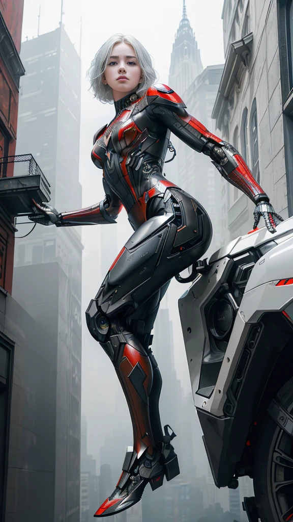 (1 girl:1.3), Alone, (((Very detailed face)))), ((Very detailed eyes and face.)))), beautifuls detalles ojos, body parts__, Official Art, unified 8k wallpaper, super detailed, beautiful and beautiful, beautiful, Masterpiece, Best Quality, Original, Masterpiece, super fine photo, Best Quality, super high resolution, realistic realism, sunlight, Full length portrait, extraordinary beauty, dynamic pose, delicate face, vibrant eyes, (FROM THE FRONT), He wears a Spider-Man suit., red and black color scheme, spider, fondo muy detallado del Ceiling de la ciudad, Ceiling, with city views, detailed face, detailed complex busy background, disordered, gorgeous, milky white, very detailed skin, realistic skin details, visible pores, clear focus, volumetric fog, 8k hd, DSLR, high quality, film grain, White skin, photographic realism, lomography, Futuristic dystopian megalopolis, translucent, eyes looking at the camera, Big , short hair,white hair ,full body,mecha,cyborg,robotic