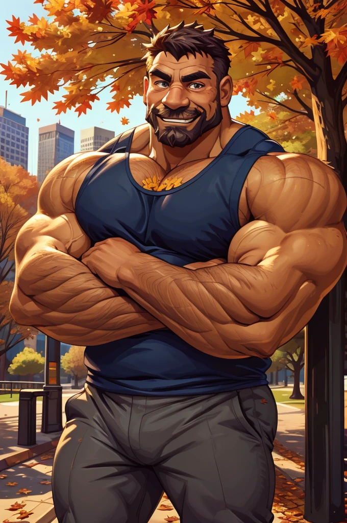 a muscular old man in park, tank top, happy, autumn, suits, vector, mwvector, bokeh, smile, (masterpiece), (best quality), 8k. huge and  muscular, thick arms, short hair