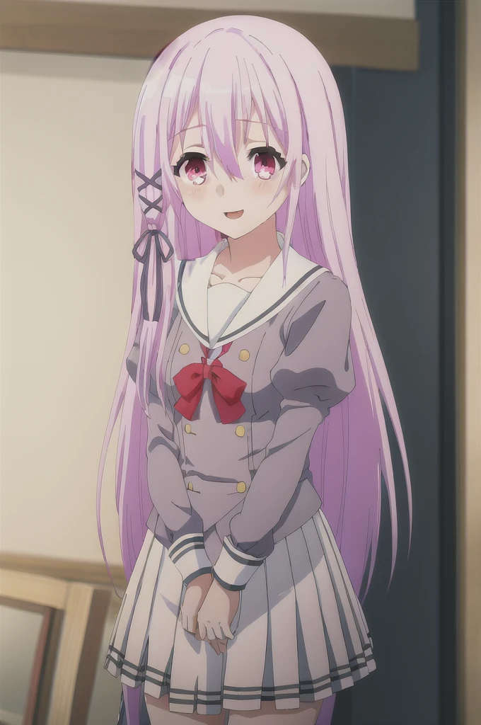 Kisara, 17-year-old girl, white skirt, long pink hair, beautiful eyes, looks at the viewer, happy and shy, with blushing cheeks. standing in her kitchen.