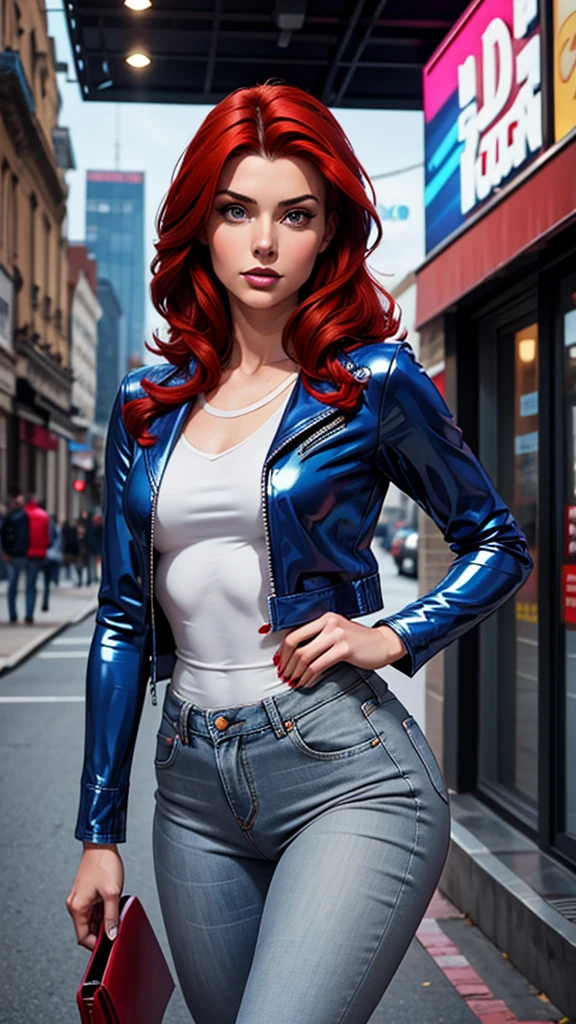 brunette woman , 21 years old year old, thin and small, jeans, gray blouse and blue latex jacket , red hair, beauty. Comic style