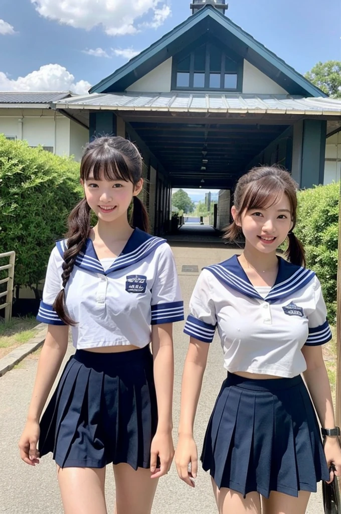 2 girls walking in rural railway station,Japanese express train,cumulonimbus cloud in summer blue sky,white sailor shirt and navy blue pleated skirt,18-year-old,bangs,a little smile,thighs,knees,wet short hair with low pigtails bunches,from beside,front light