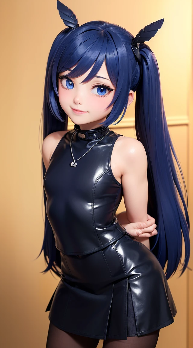 (masterpiece:1.3), (Best Quality:1.3), (Ultra-detailed:1.2), ((kawaii)), Cute, (lovely), ((sexy)), ((Extremely detailed)), 4K, (8K), Best Quality, (Beautiful), Illustration, anime style, (bold line:1.2), Gradation, looking at viewer, //, (bent down:1.1), (arms behind back), //, a cute girl, 1girl, (solo:1.2), gleaming skin, //, (flat chested), (Perfect eyes:1.2), (Perfect iris:1.2), //, darkblue hair color, (beautiful eyes) //, (half closed eyes:1.3), (sexual expression:1.2), Fascinated expression, smile, (blush:1.2), //, modern city background, on rock, twin tails, muscle girl, hard abs, exposed abs, NECKLACE, tight blouse, skirt