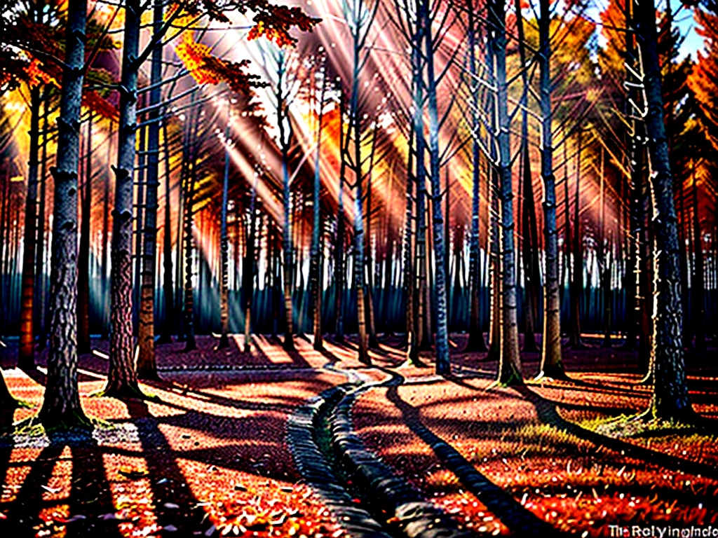 wealthy, Dark reddish forest, Autumn leaves, wood々Sunlight shining through, Mysterious atmosphere, Very detailed, Complex Texture, Realistic, Vibrant colors, Warm lighting, Enchanted Forest, Fantasy Landscape, Sulky, Cinematic. ((( Red Forest))