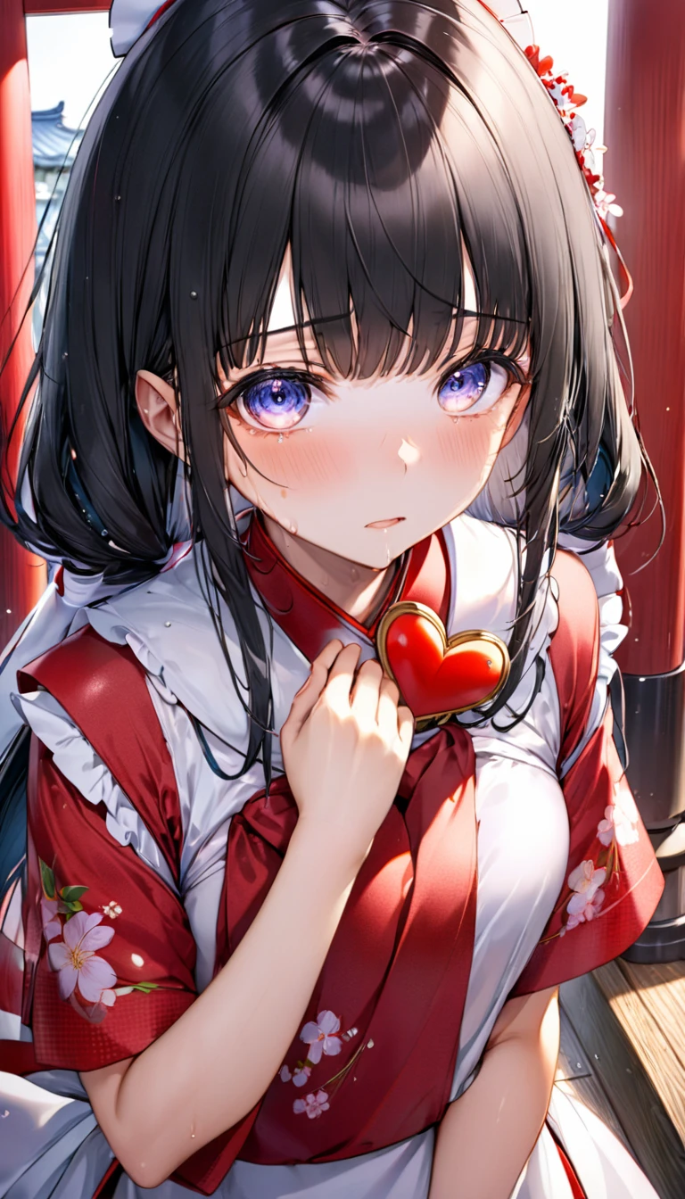 (sweaty skin) (standing, in the Fukuoka hakata city), (pov close up face) solo:2, 15 yo, ((blunt bangs)) (black hair long hair panic:1.4 shrine maiden girl), (heart shaped pupils white eyes), hand put on own chest, in a shrine maiden clothes, BREAK, perfect anatomy, masterpiece, best quality, 16k, beautiful detailed grow, daydreaming expression.