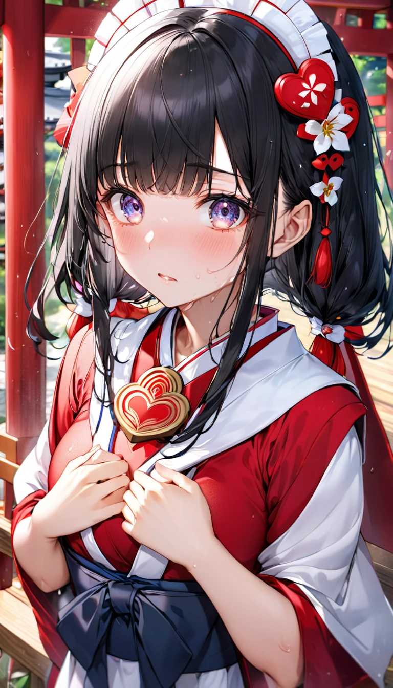 (sweaty skin) (standing, in the Fukuoka hakata city), (pov close up face) solo:2, 15 yo, ((blunt bangs)) (black hair long hair panic:1.4 shrine maiden girl), (heart shaped pupils white eyes), hand put on own chest, in a shrine maiden clothes, BREAK, perfect anatomy, masterpiece, best quality, 16k, beautiful detailed grow, daydreaming expression.