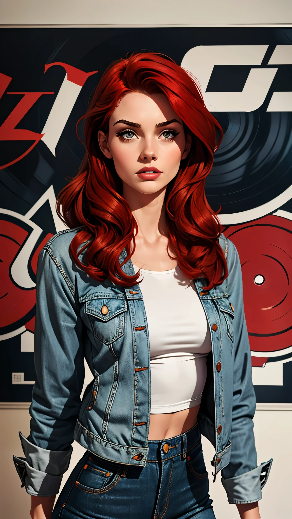 brunette woman , 21 years old year old, thin and small, pans denim, gray blouse and vinyl jacket , red hair, beauty. Comic style