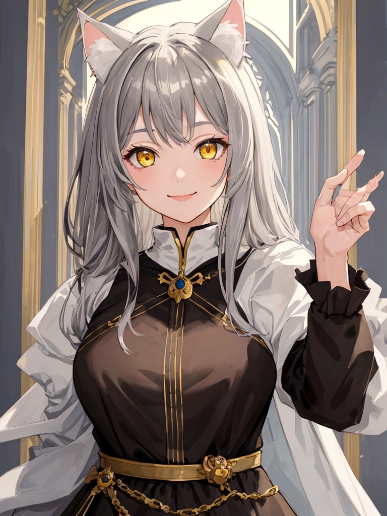 ((masterpiece)), ((best quality)), (close-up:1), (half-body shot:1.36), perfect anatomy, 1girl, solo, cat girl, gray hair, yellow eyes, gray cat ears, gray fluffy cat tail, basic medieval attire, smiling, lighting from front, looking at viewers