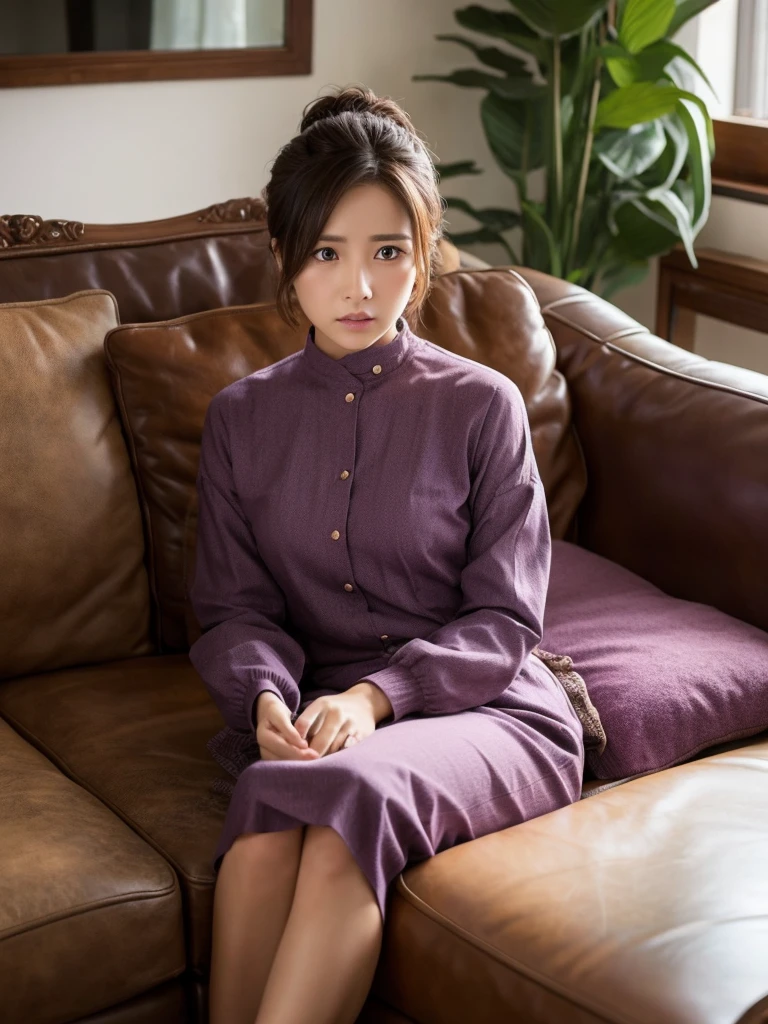 A woman is sitting on a couch, looks worried. modest clothing