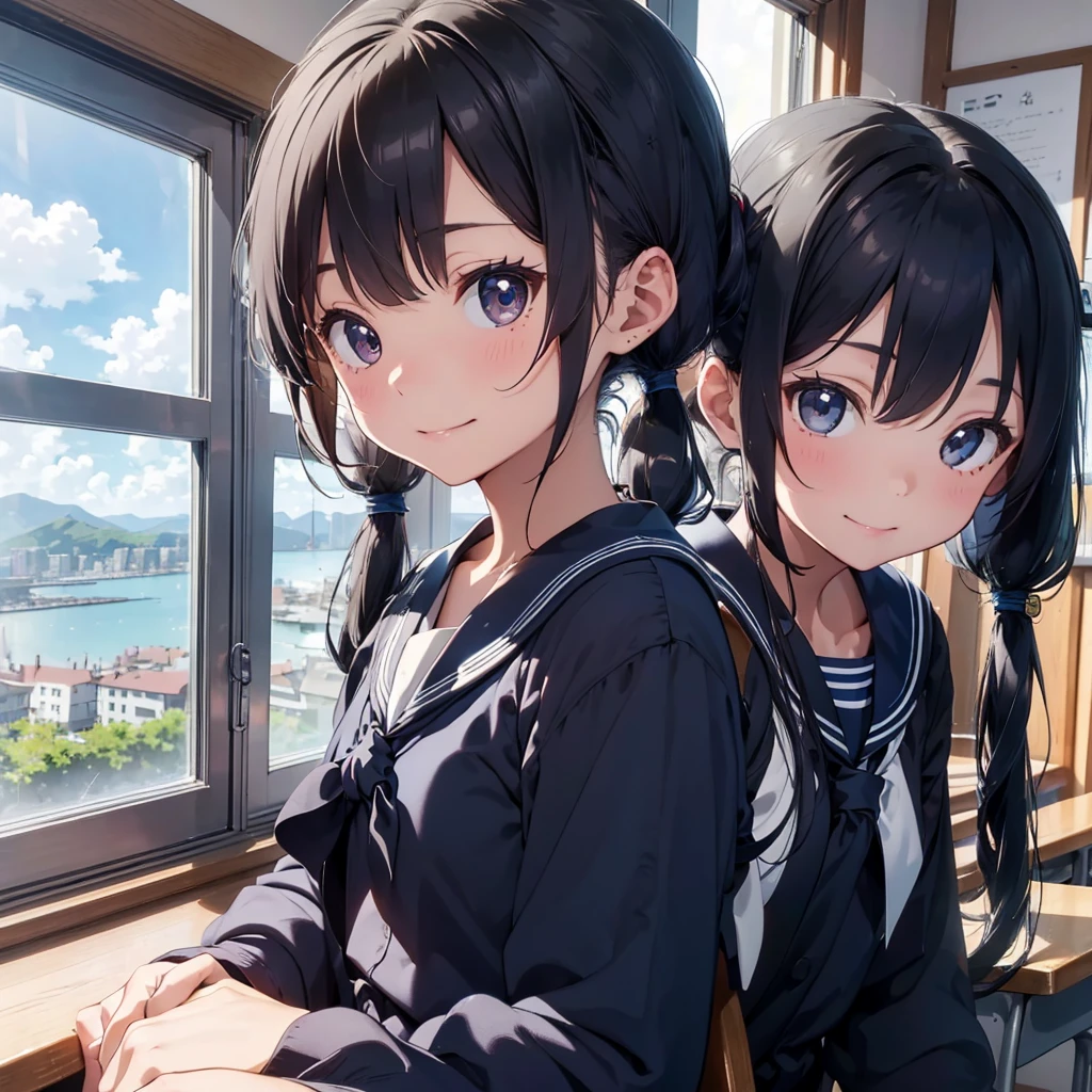 Highest quality, Very detailed, masterpiece, One Girl, Sit on a chair, talk, Smile, yo, (low twintails:1.2), Low Pigtails, Black Hair, Long Hair, (Navy blue sailor suit:1.4), Blue ribbon, Long sleeve, School desk, School Chair, classroom, from the front, window, distant cityscape, A town with hills, Sea in the back, 16'clock, anime, (Close up on face),