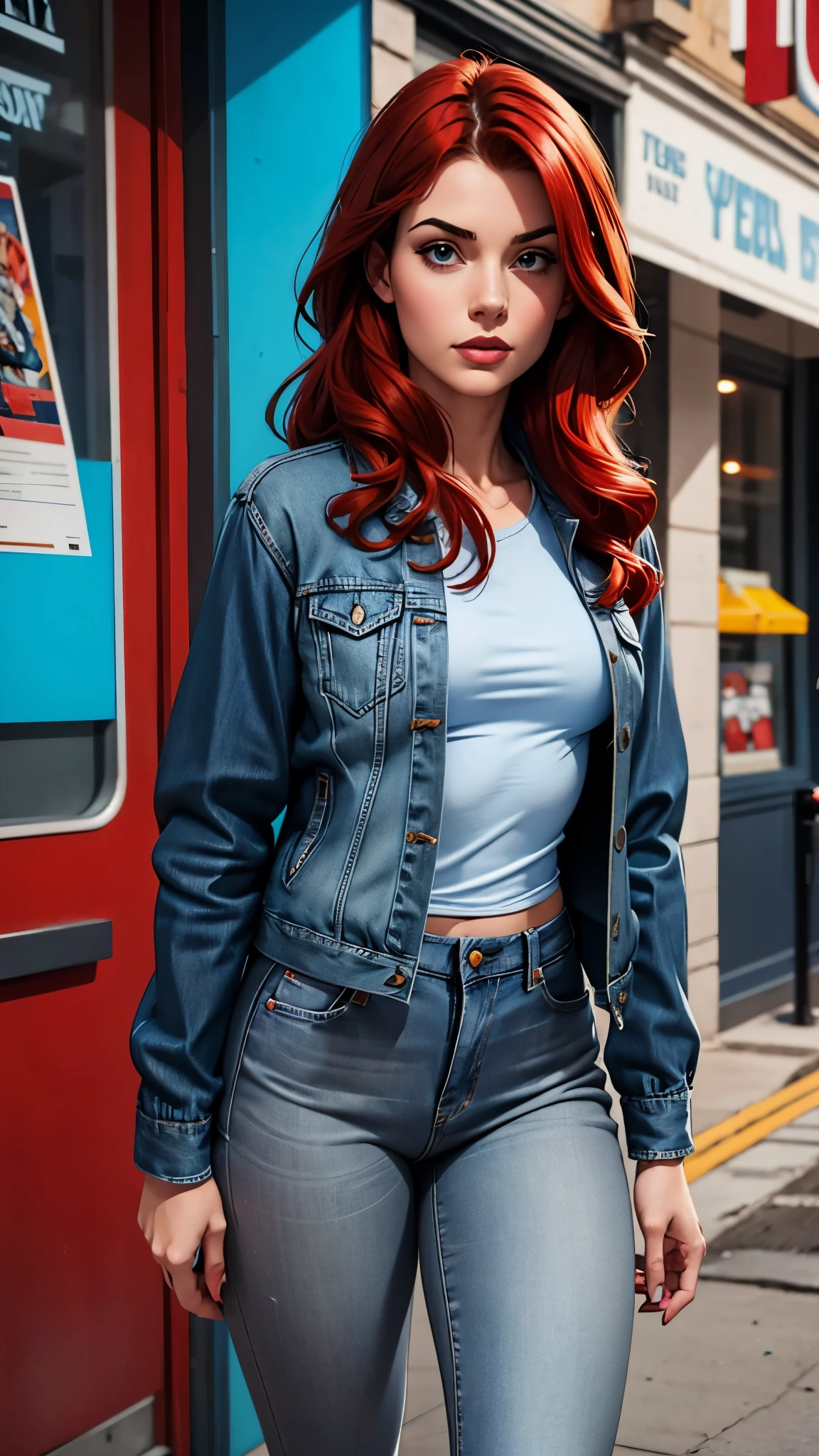 brunette woman , 21 years old year old, thin and small, jeans, gray blouse and blue vinyl jacket , red hair, beauty. Comic style