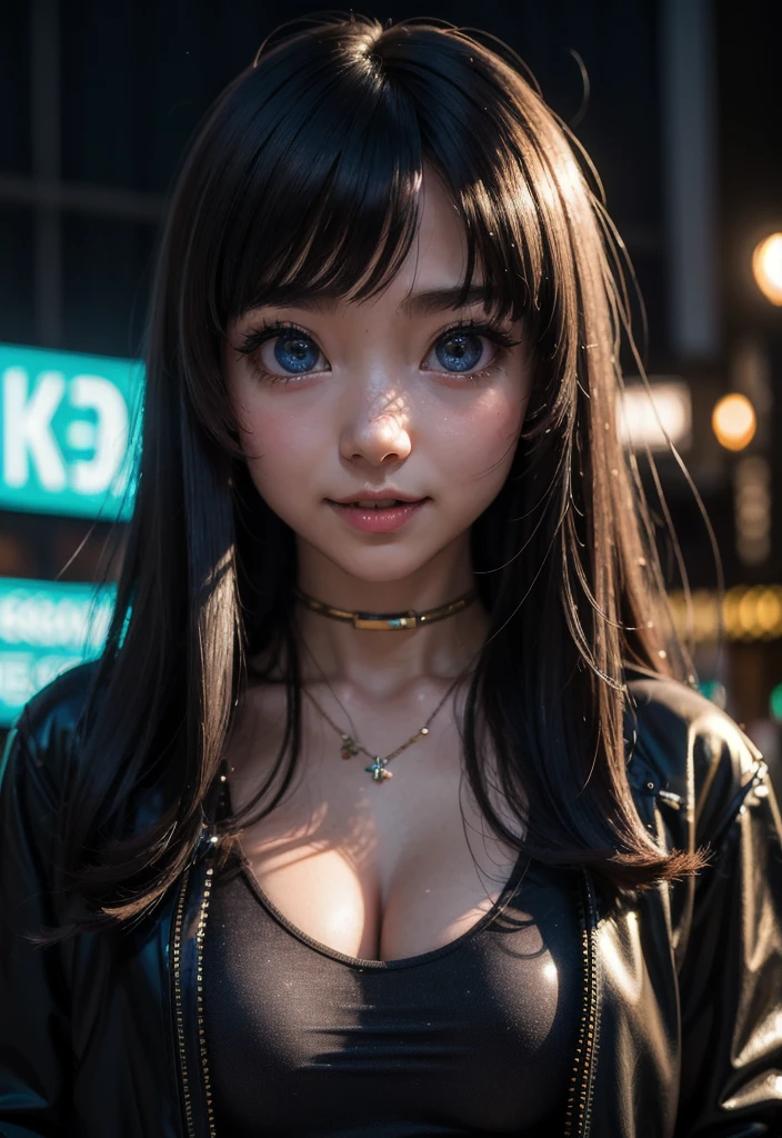 masterpiece, best quality, half body, portrait, night city, 1girl, anime, 3D, Japan, pixar, realistic,  girl, smiling, cute face, harajuku fashion style, rain coat, beautiful, colourful, neon lights, cyberpunk, smooth skin, illustration, artstation, painting by stanley artgerm lau, sideways glance, foreshortening, extremely detailed 8K, smooth, high resolution, ultra quality, highly detail eyes, highly detail mouth, highly detailed face, perfect eyes, both eyes are the same, true light, glare, Iridescent, Global illumination, (long straight hair), (side comb hair), Big Breasts:1.7, real light, real shadow, real face, hd, 2k, 4k, 8k, 16k, realistic light, realistic shadow, bright Eyes, fluorescent eyes, soft light, dream light